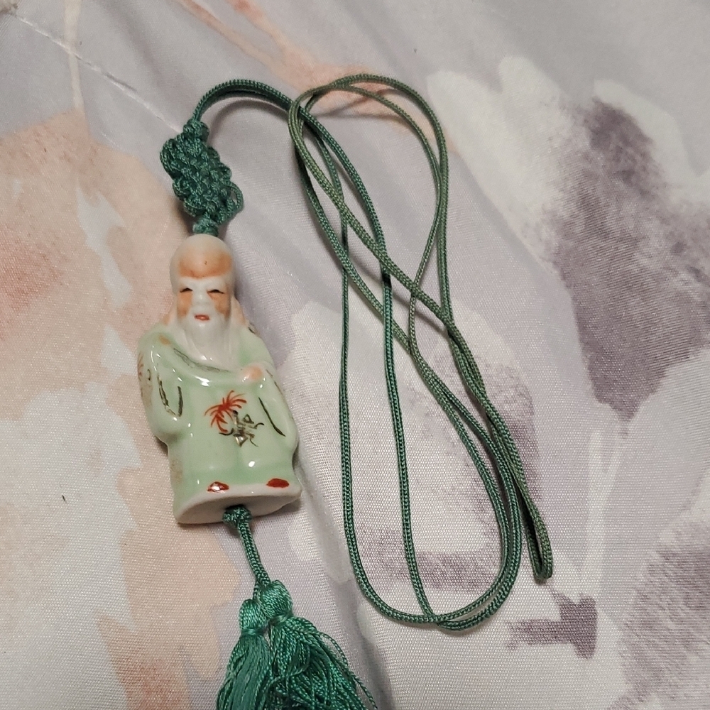 Green Luck God Fukurokuju Ceramic Pendant Necklace - Picture 1 of 8